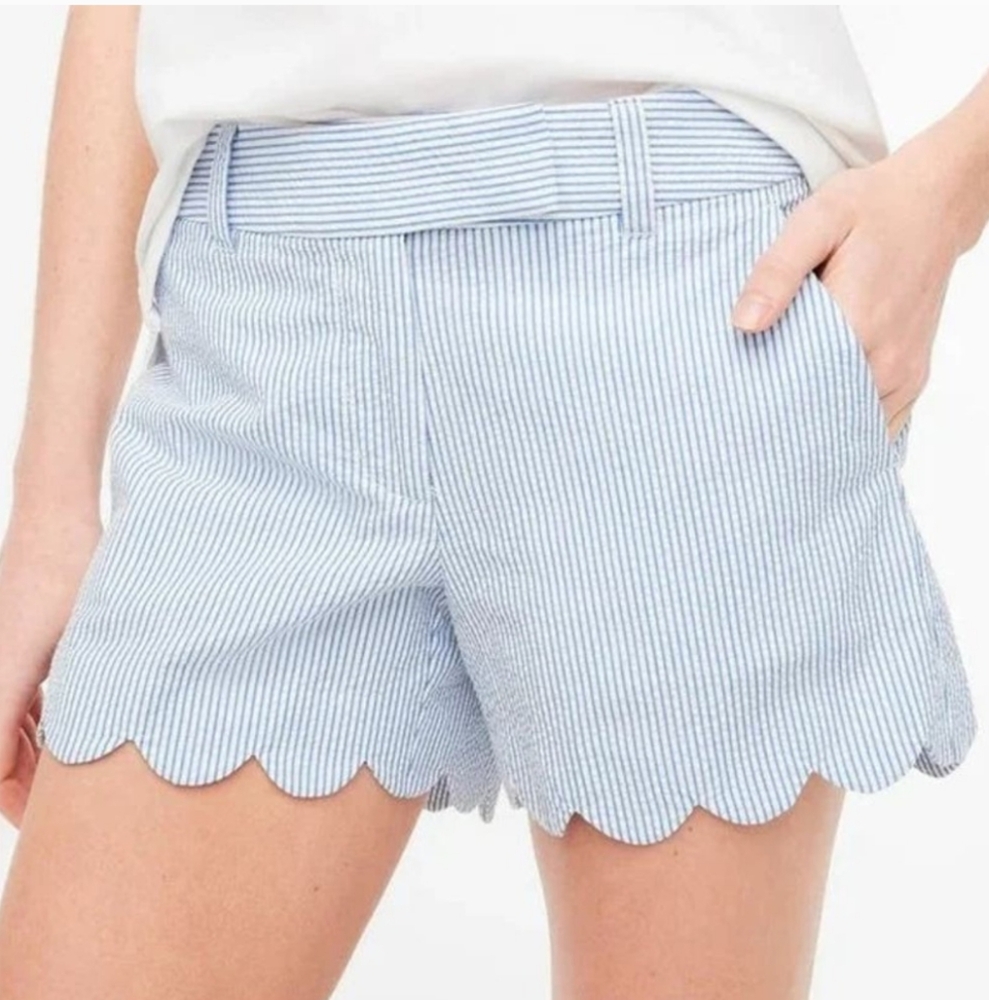 NWT J. Crew Shorts Womens Sz 10 Blue Striped Seersucker Scalloped Hem & Pockets